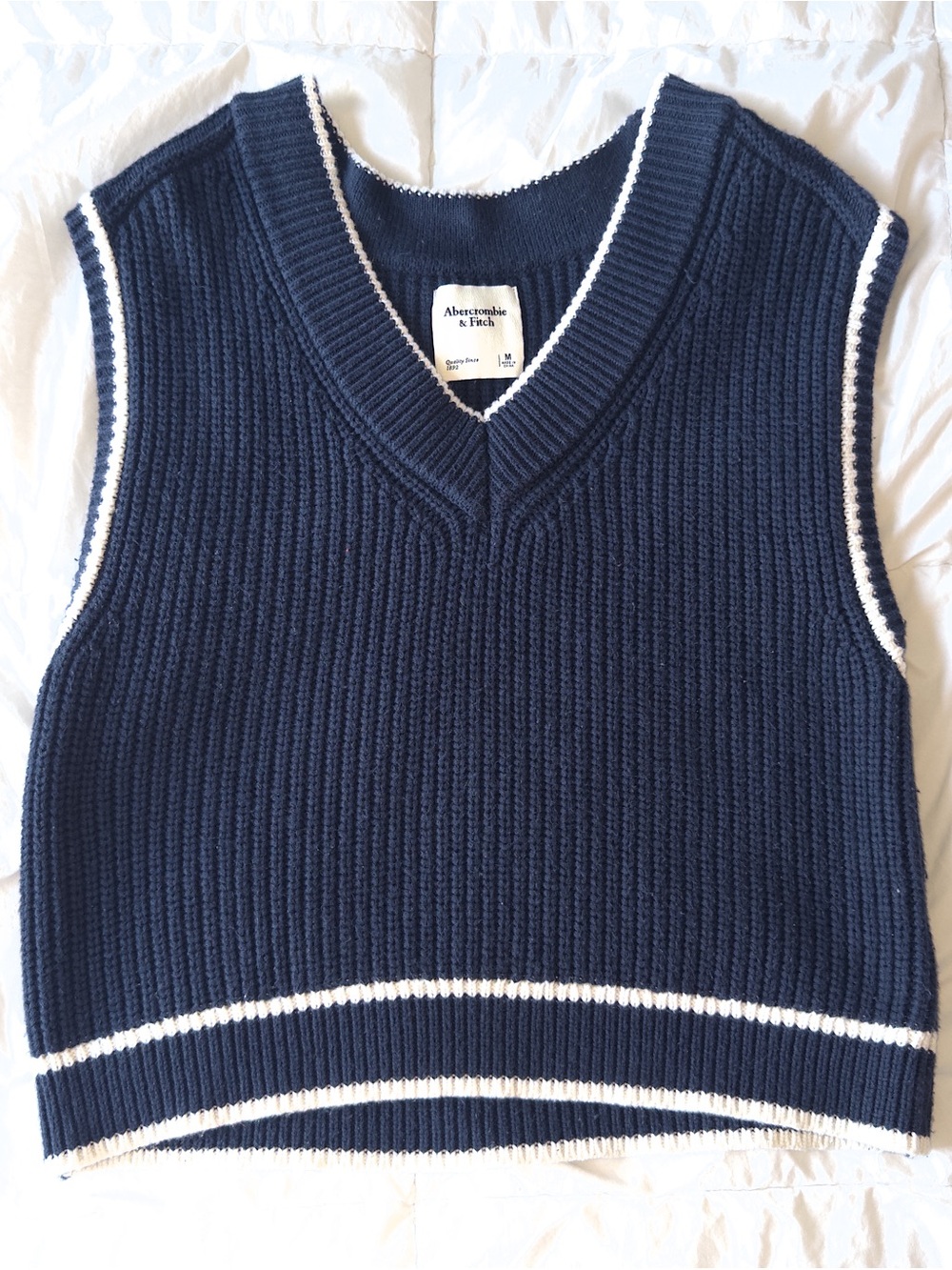 Abercrombie & Fitch Navy V-Neck Knit Sweater Vest with White Trim